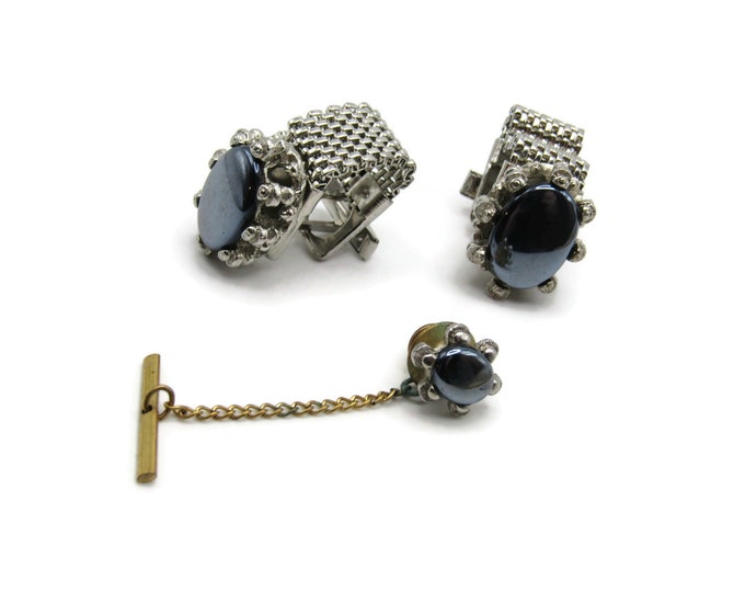 Shiny Black Stone Inlay Vintage Men's Jewelry Set: Tie Bar Pin Chain Cufflinks