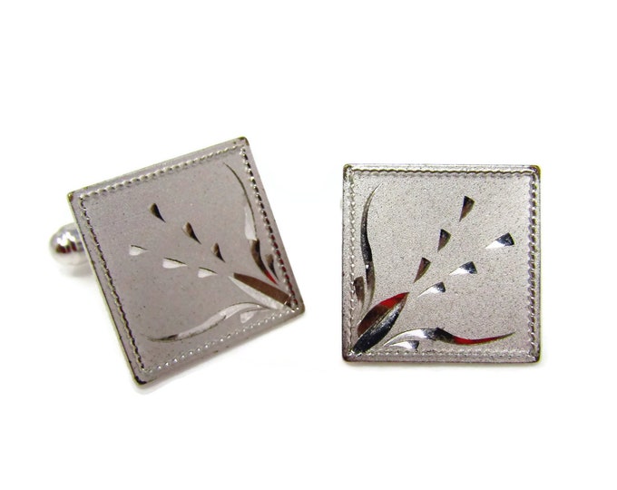 Vintage Cufflinks for Men: Beautiful Stylized Etched Flower Design Silver Tone