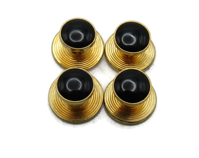 Round Black Stone Inlay Cuff Link Set Of Four Men's Jewelry Gold Tone