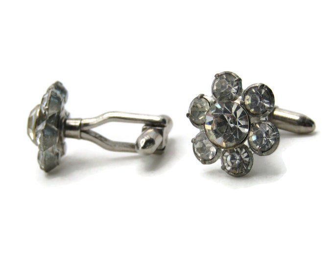 Rhinestone Flower Cuff Links Men's Jewelry Silver Tone