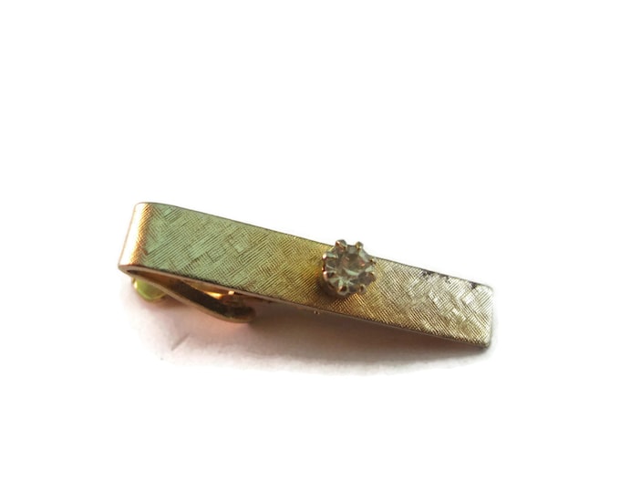 Vintage Men's Tie Bar Clip Jewelry: Gold Tone Clear Jewel Design (Some Obvious Wear)