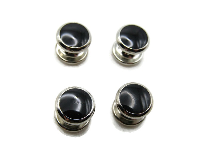 Round Black Stone Inlay Cuff Link Button Set Of 4 Men's Jewelry Silver Tone