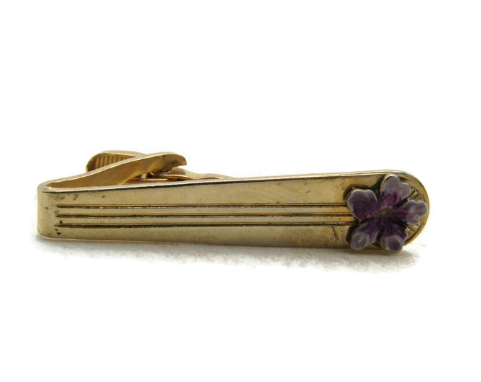 Purple Flower & Lines Tie Clip Tie Bar Men's Jewelry Gold Tone