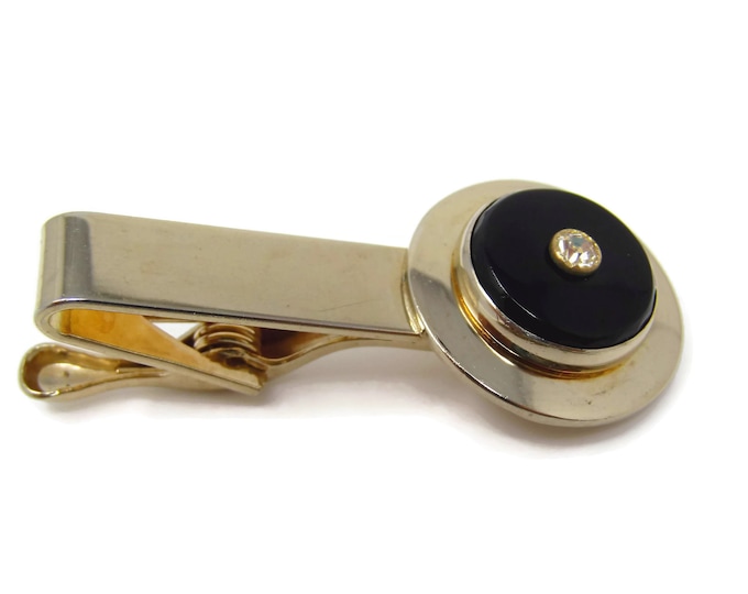 Vintage Tie Clip Tie Bar: Stunning Modernist Clear Jewel Center Black Setting Gold Tone Design High Quality