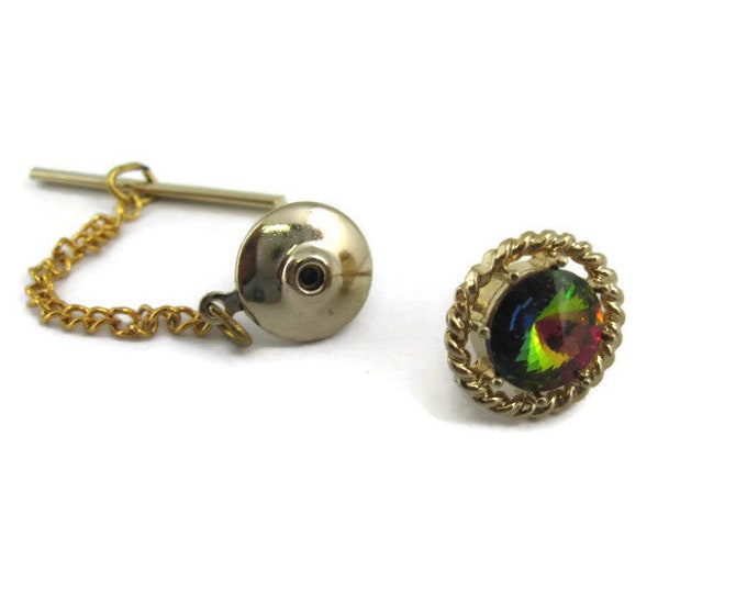 Vintage Tie Tack Tie Pin: Very Nice Rainbow Multi Color Jewel Gold Tone Twist Design Setting