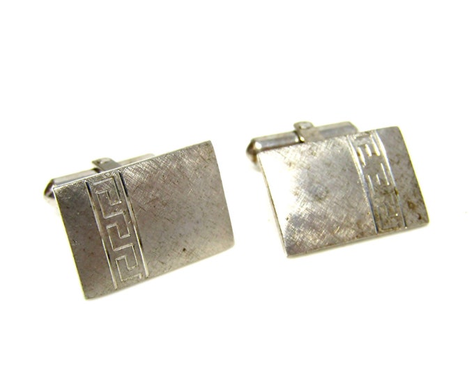 Vintage Cufflinks for Men Aztec Native Like Design Etch Silver Tone Rectangle