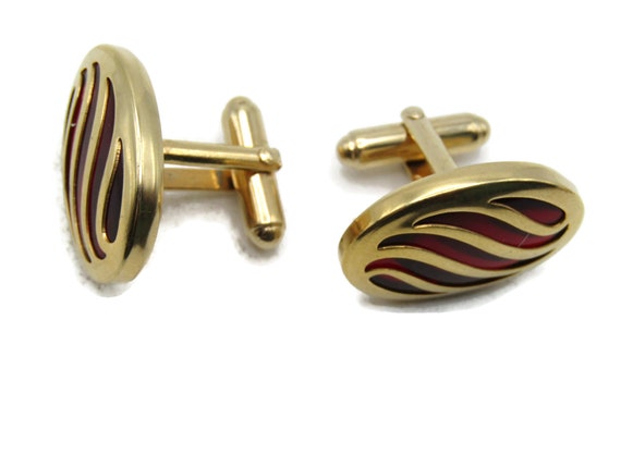 Red Stone Inlay Wave Patterns Cuff Links Gold Ton… - image 2