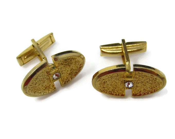 Vintage Cufflinks for Men: Modernist Textured Gold Tone Clear Jewel Center