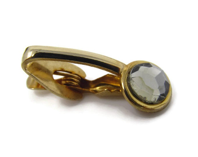 Faceted Glass Accent Tie Clip Vintage Tie Bar: Gold Tone Curved Design