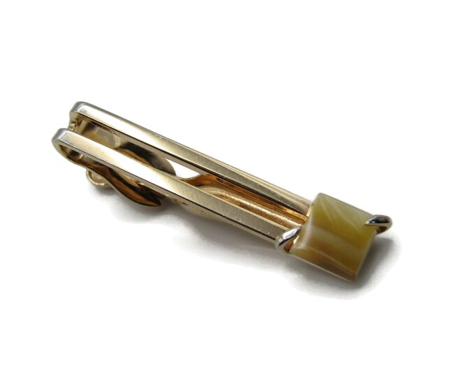 Cream & Brown Square Stone Inlay Open Body Gold Tone Industrial Tie Bar Tie Clip Men's Jewelry