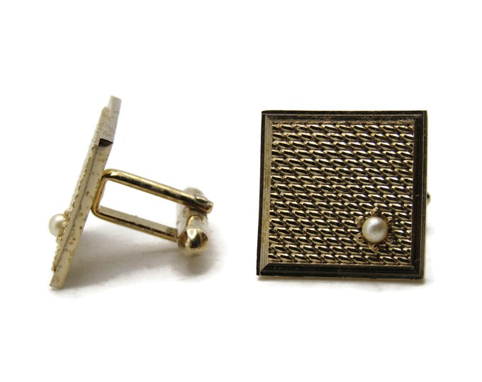 Square Textured White Stone Inlay Cuff Links Men's Jewelry Gold Tone