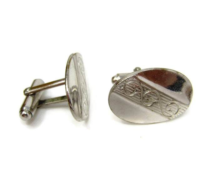 Vintage Cufflinks for Men Stylized Flower Stem Etch Silver Tone Oval
