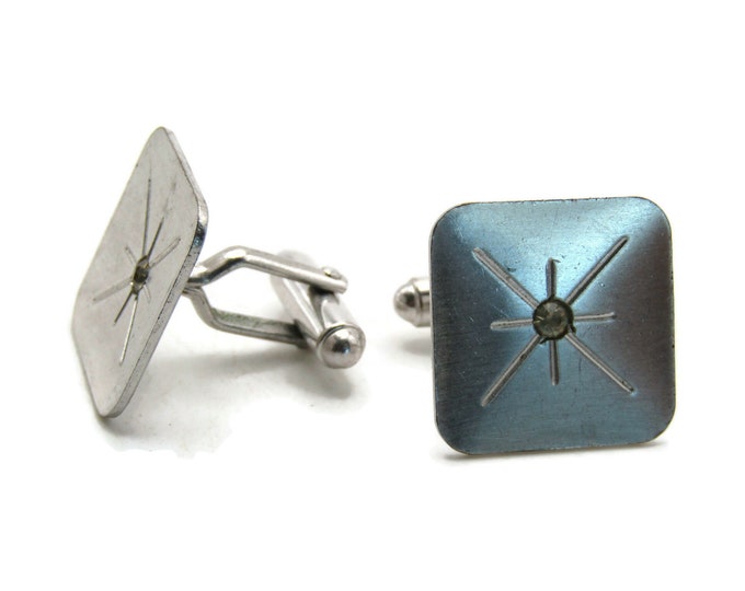 Square Rhinestone Inlay Etched Start Burst Cuff Links Men's Jewelry Silver Tone