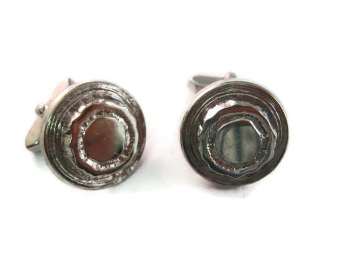 Vintage Cufflinks for Men: Round Circle Etched Top Silver Tone Design