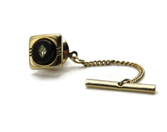 Square Tie Pin And Chain Rhinestone And Black Stone Inlay Men's Jewelry Gold Tone