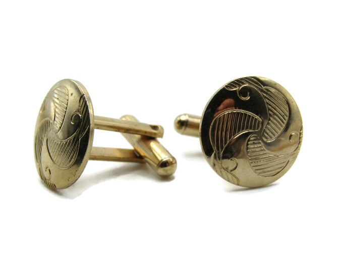 Swirl Etched Line Design Round Cuff Links Men's Jewelry Gold Tone