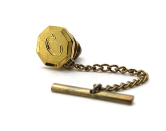 C Letter Initial Monogram Polygon Tie Pin And Chain Men's Jewelry Gold Tone