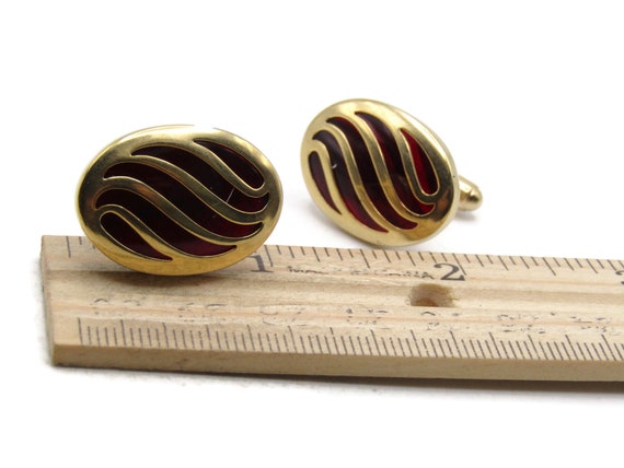 Red Stone Inlay Wave Patterns Cuff Links Gold Ton… - image 4