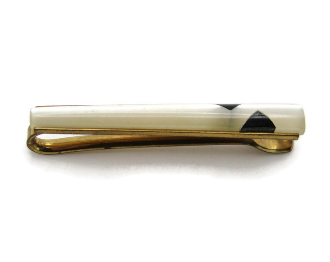 White And Black Stone Tie Clip Modernist Tie Bar Men's Jewelry Gold Tone