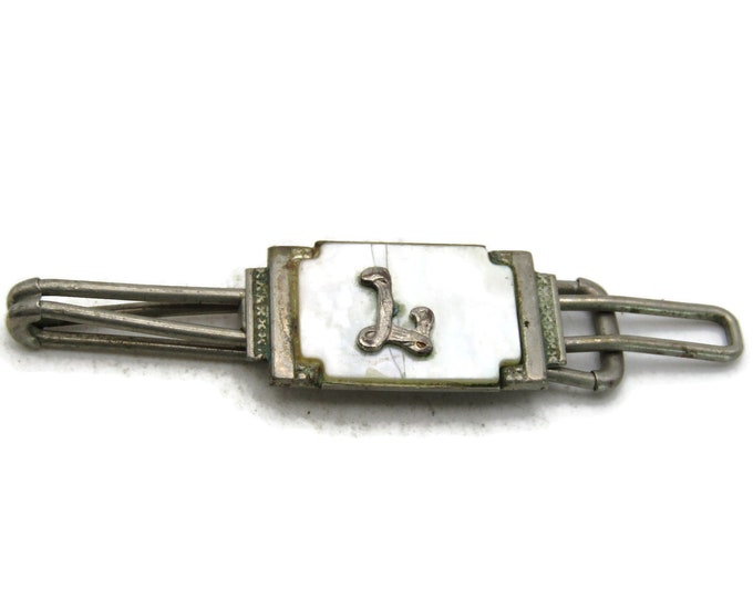 L Letter Initial Monogram Tie Bar Mother Of Pearl Silver Tone Tie Clip Men's Jewelry