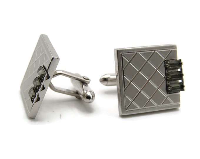 Square Rhinestone Inlay Cuff Links Cross Hatched Lines Men's Jewelry Silver Tone