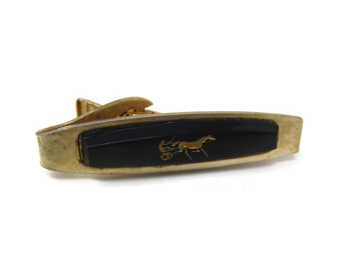 Vintage Tie Bar Clip: Horse Chariot Design Black Glass Gold Tone Body