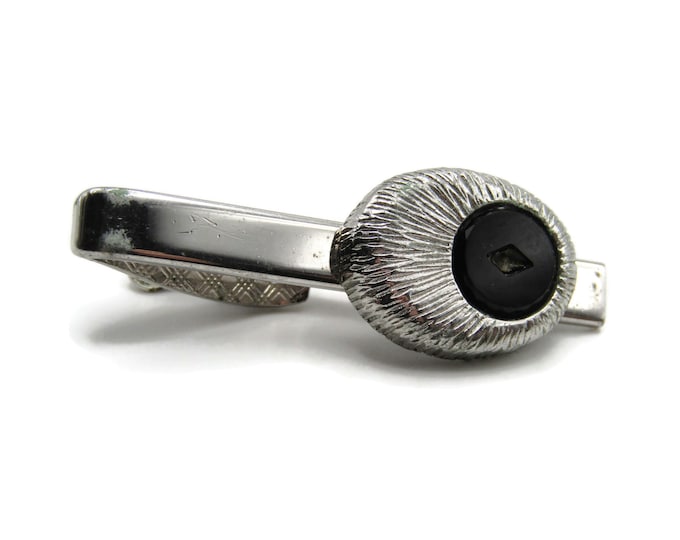 Black Stone Inlay Textured Oval Etched Silver Tone Tie Bar Tie Clip Men's Jewelry