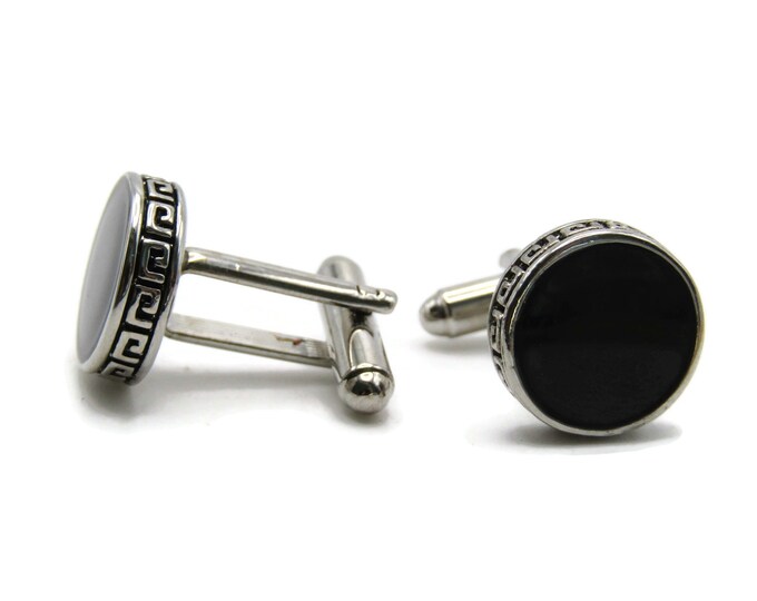 Round Black Stone Inlay Cuff Links Geometric Edge Men's Jewelry Silver Tone