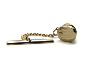 Oval Tie Pin And Chain Curved Etched Line Design Men's Jewelry Gold Tone