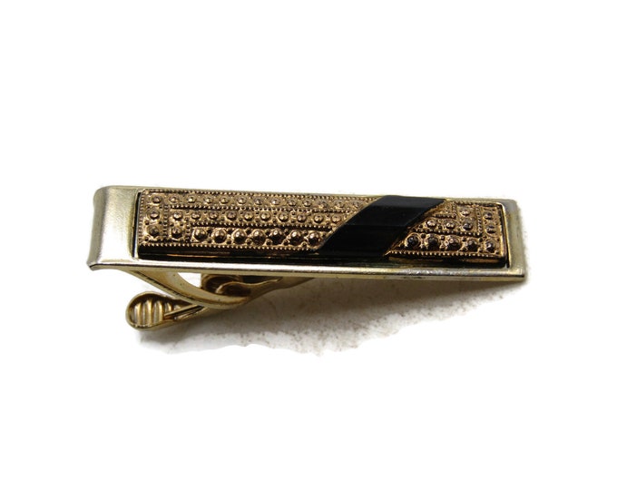 Black Stone & Textured Front Tie Clip Tie Bar Men's Jewelry Gold Tone