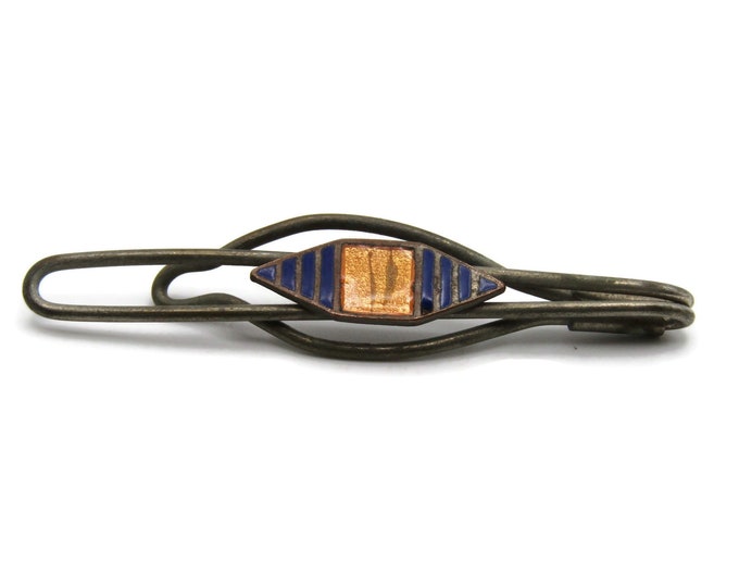 Blue and Orange Stone Inlay Open Body Silver Tone Modernist Industrial Tie Clip Tie Bar Men's Jewelry