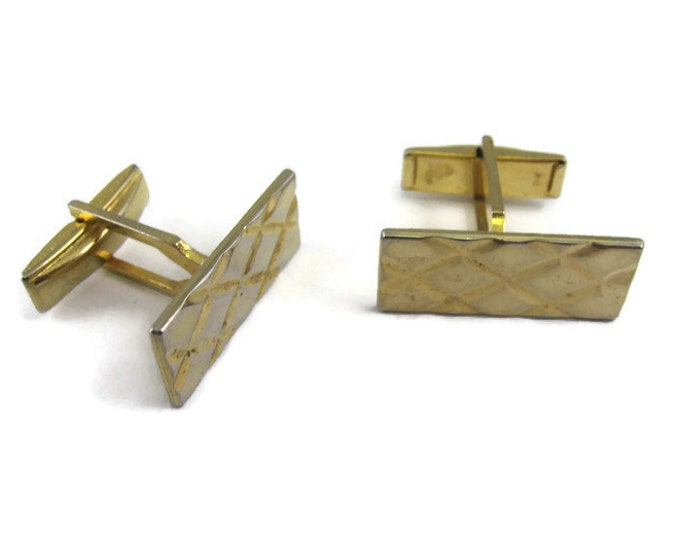 Vintage Cufflinks for Men: Quilted Look Diamond Shapes Gold Tone Rectangle