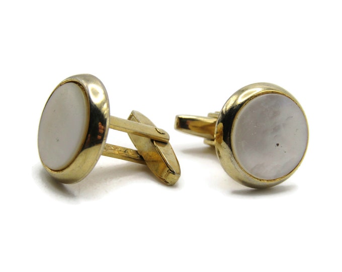 Round Mother Of Pearl Stone Cuff Links Men's Jewelry Gold Tone