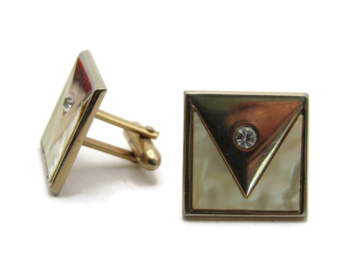 Mother Of Pearl And Rhinestone Inlay Cuff Links Men's Jewelry Gold Tone