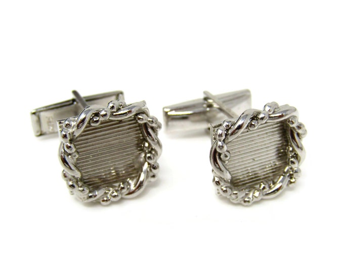 Vintage Cufflinks Ridged Center Square Shape Twist Wreath Border Silver Tone