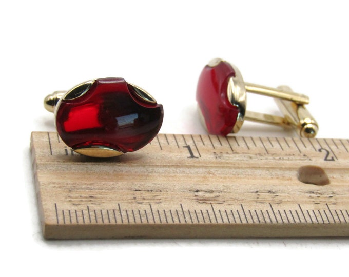 Red Oval Stone Inlay Cuff Links Men's Jewlery Gold Tone