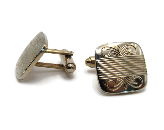 Horizontal Lines And Decorative Line Design Square Cuff Links Men's Jewelry Gold Tone