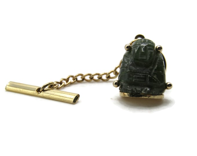 Green Stone Statue Tie Pin And Chain Men's Jewelry Gold Tone