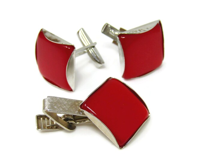 Gorgeous Red Cufflinks Tie Bar Jewelry Set Vintage Great Design Nice Quality Silver Tone