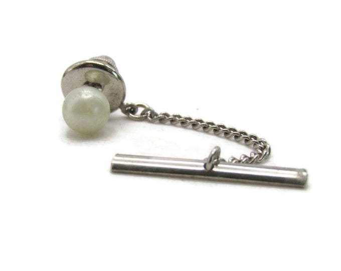 Round White Stone Tie Pin And Chain Men's Jewelry Silver Tone