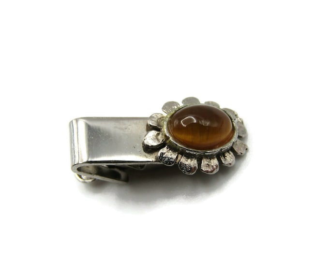Brown Stone Inlay Flower Shape Silver Tone Moderinst Tie Clip Tie Bar Men's Jewelry