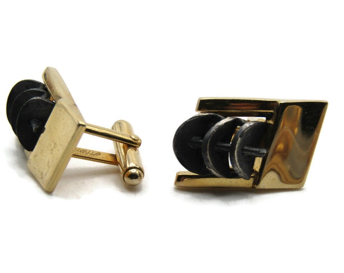 Rectangle With Overlapping Black Circles Cuff Links Men's Jewlery Gold Tone