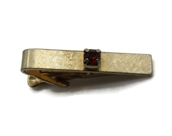Red Stone Inlay Tie Bar Tie Clip Men's Jewelry Gold Tone