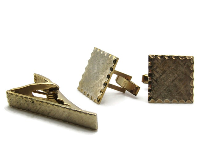 Brushed And Beveled Edge Square Cuff Links And Tie Clip Set Tie Bar Men's Jewelry Gold Tone