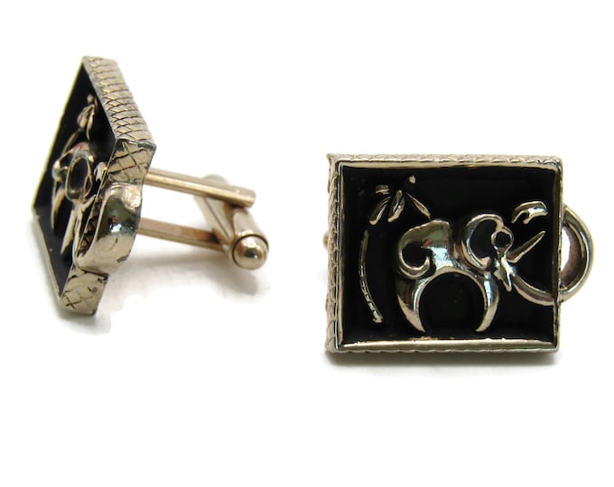 Abstract Elephant And Palm Tree Cuff Links Men's Jewelry Black & Gold Tone