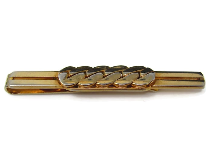 Vintage Tie Clip Tie Bar: Chain Link Center Nice Bold Design Gold Tone