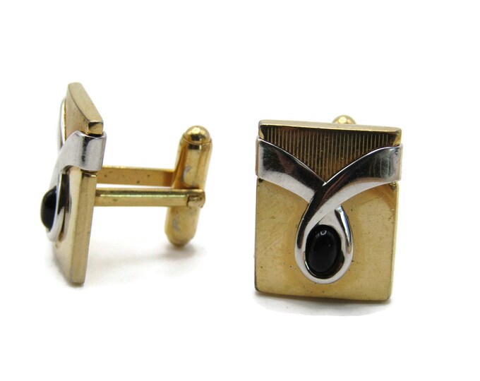 Black Stone Silver Tone Ribbon Design Cuff Links Men's Jewelry Gold Tone