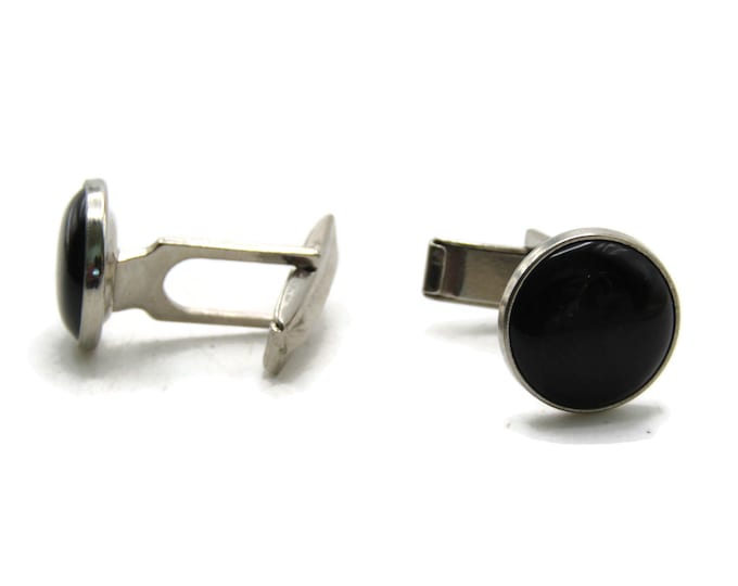 Round Black Stone Inlay Cuff Links Men's Jewelry Silver Tone