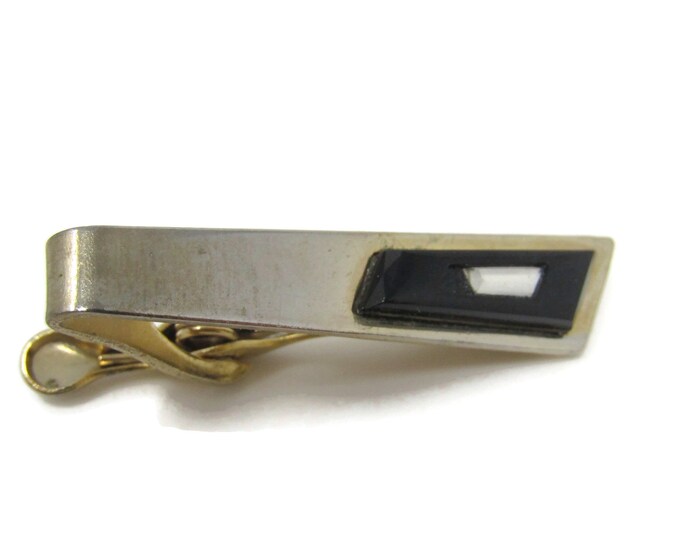 Black White Accent Tie Clip Bar Gold Tone Vintage Men's Jewelry Nice Design