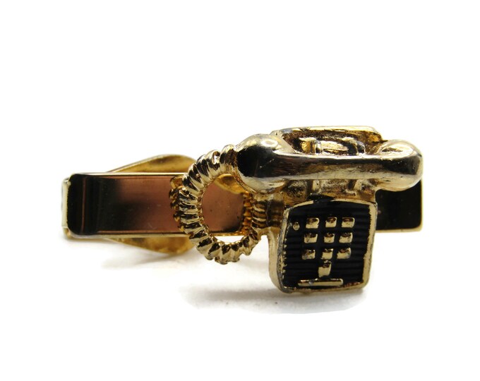 Vintage Telephone Tie Clip Tie Bar Men's Jewelry Black & Gold Tone